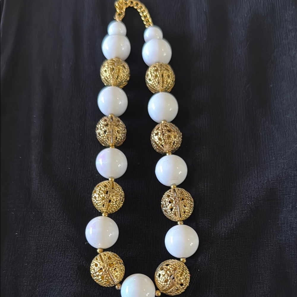 Elegant Gold and White Beaded Necklace